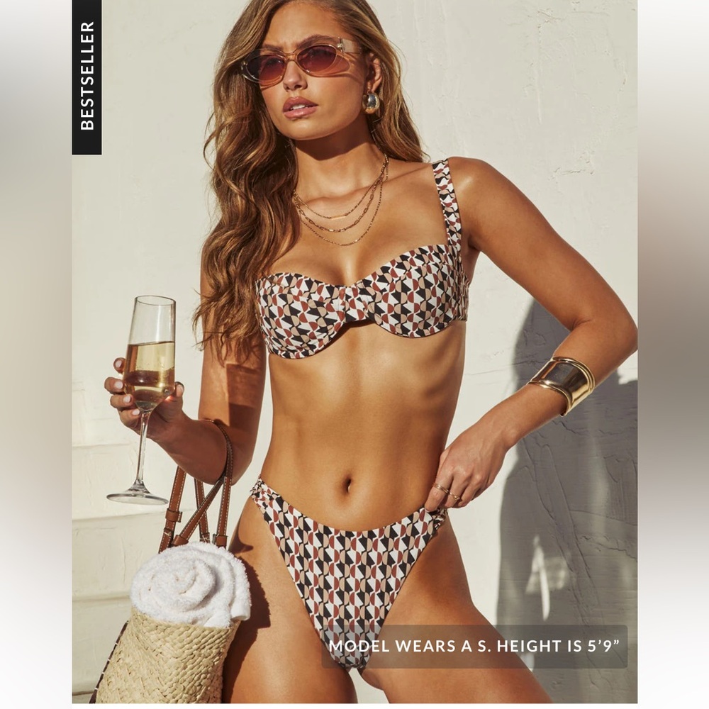 NWT VICI Drenched Shores Abstract Balconette Bikini Top & Bottom - Mocha Multi S